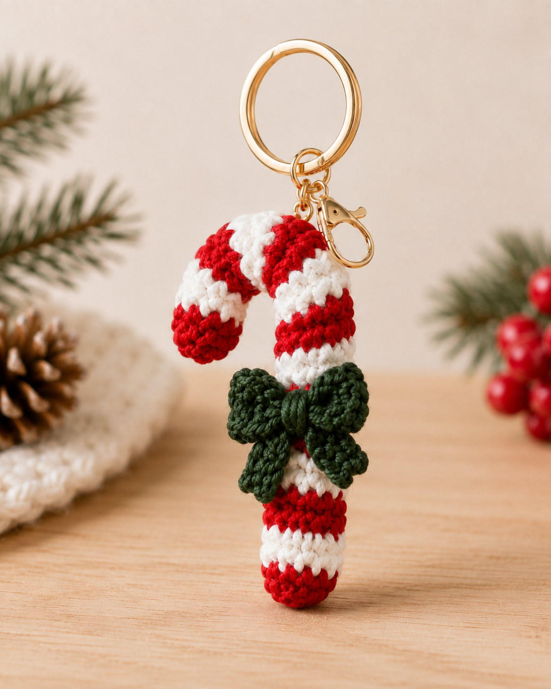 Festive Crochet Candy Cane Keychain | Handmade Amigurumi Christmas Bag Charm & Keyring