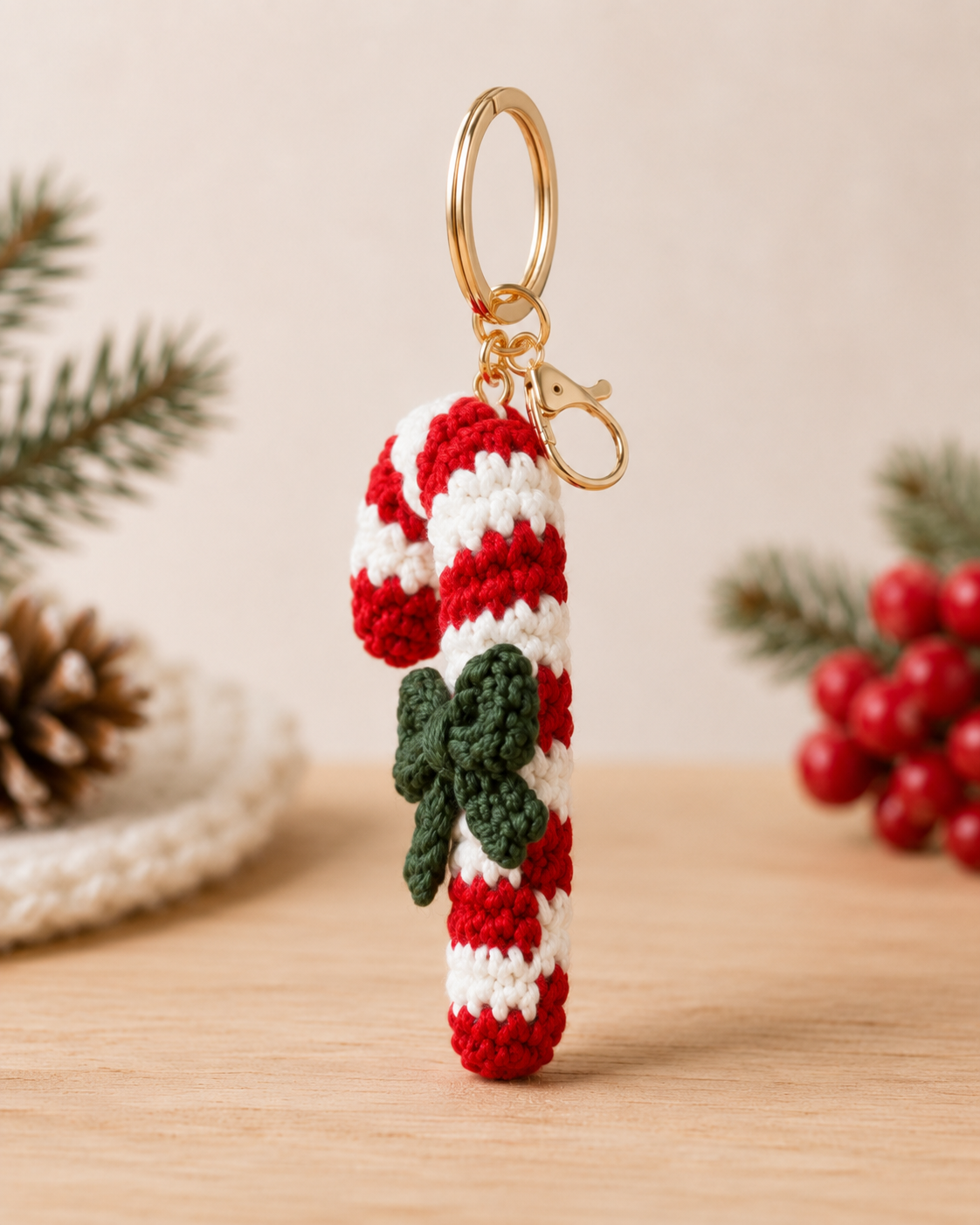 Festive Crochet Candy Cane Keychain | Handmade Amigurumi Christmas Bag Charm & Keyring