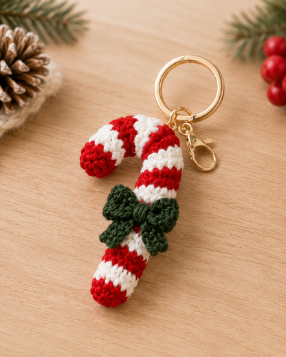 Festive Crochet Candy Cane Keychain | Handmade Amigurumi Christmas Bag Charm & Keyring