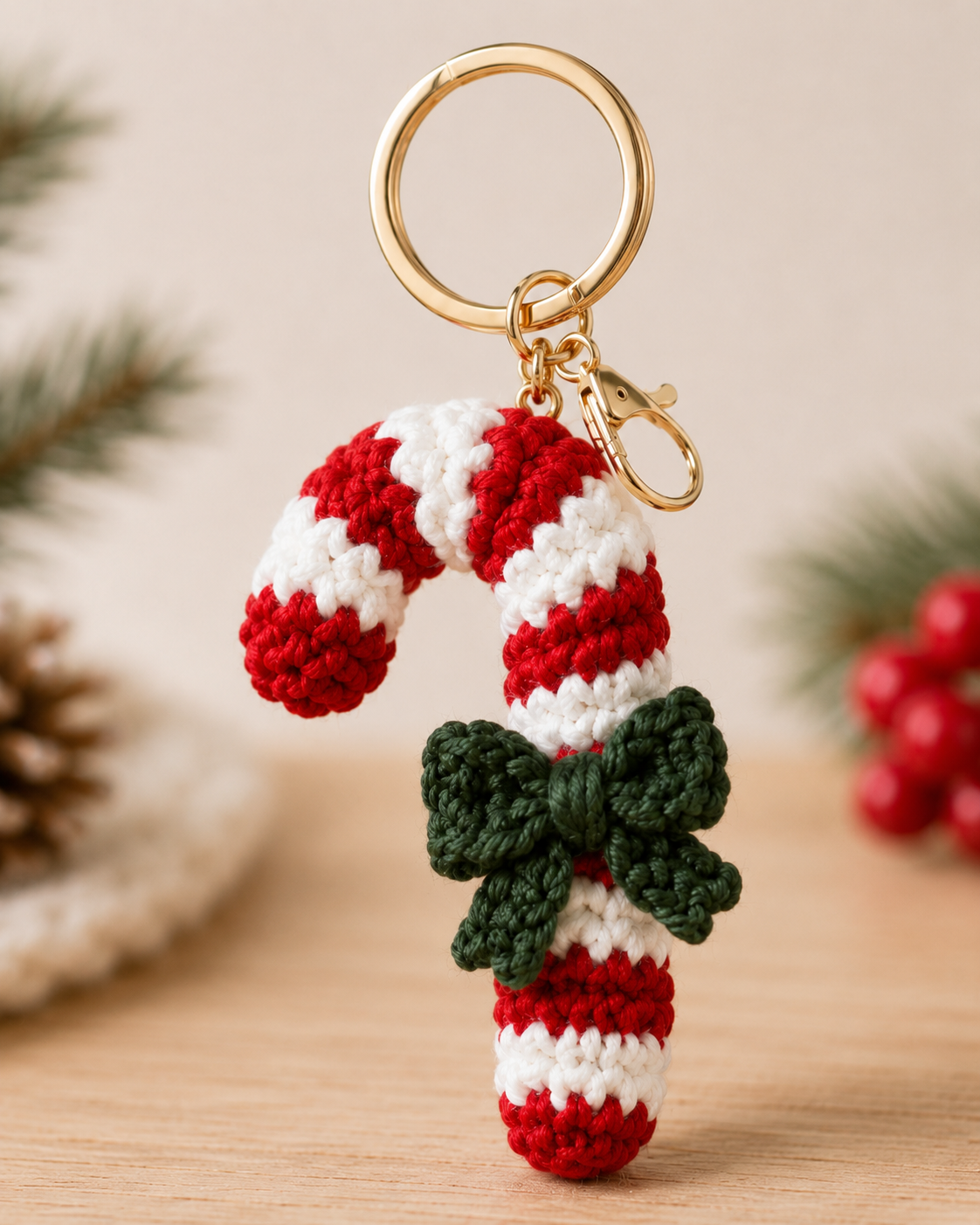 Festive Crochet Candy Cane Keychain | Handmade Amigurumi Christmas Bag Charm & Keyring