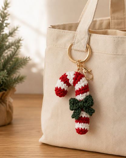 Festive Crochet Candy Cane Keychain | Handmade Amigurumi Christmas Bag Charm & Keyring