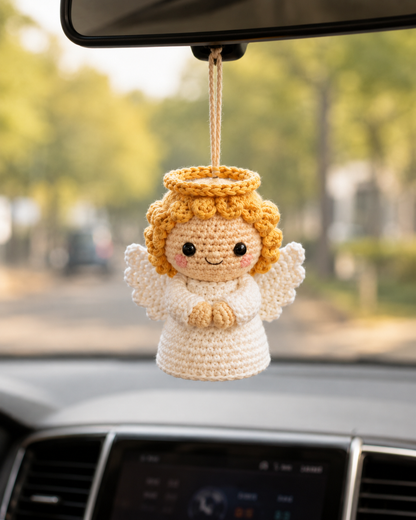 Handmade Crochet Christmas Guardian Angel Car Charm | Amigurumi Holiday Rearview Mirror Hanging Ornament