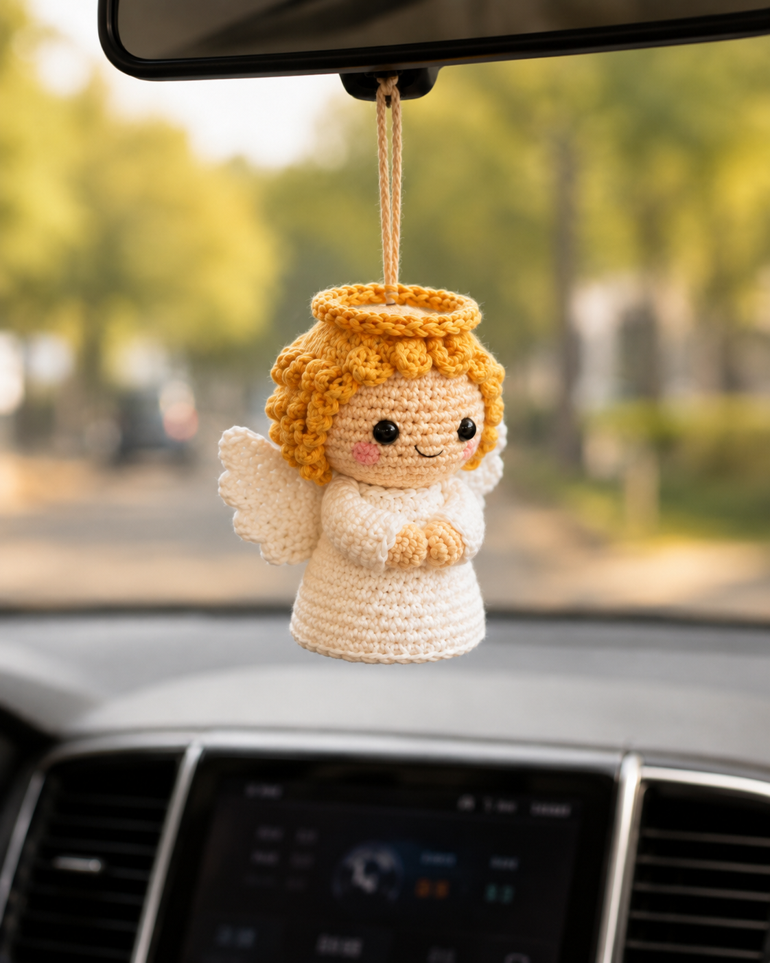 Handmade Crochet Christmas Guardian Angel Car Charm | Amigurumi Holiday Rearview Mirror Hanging Ornament