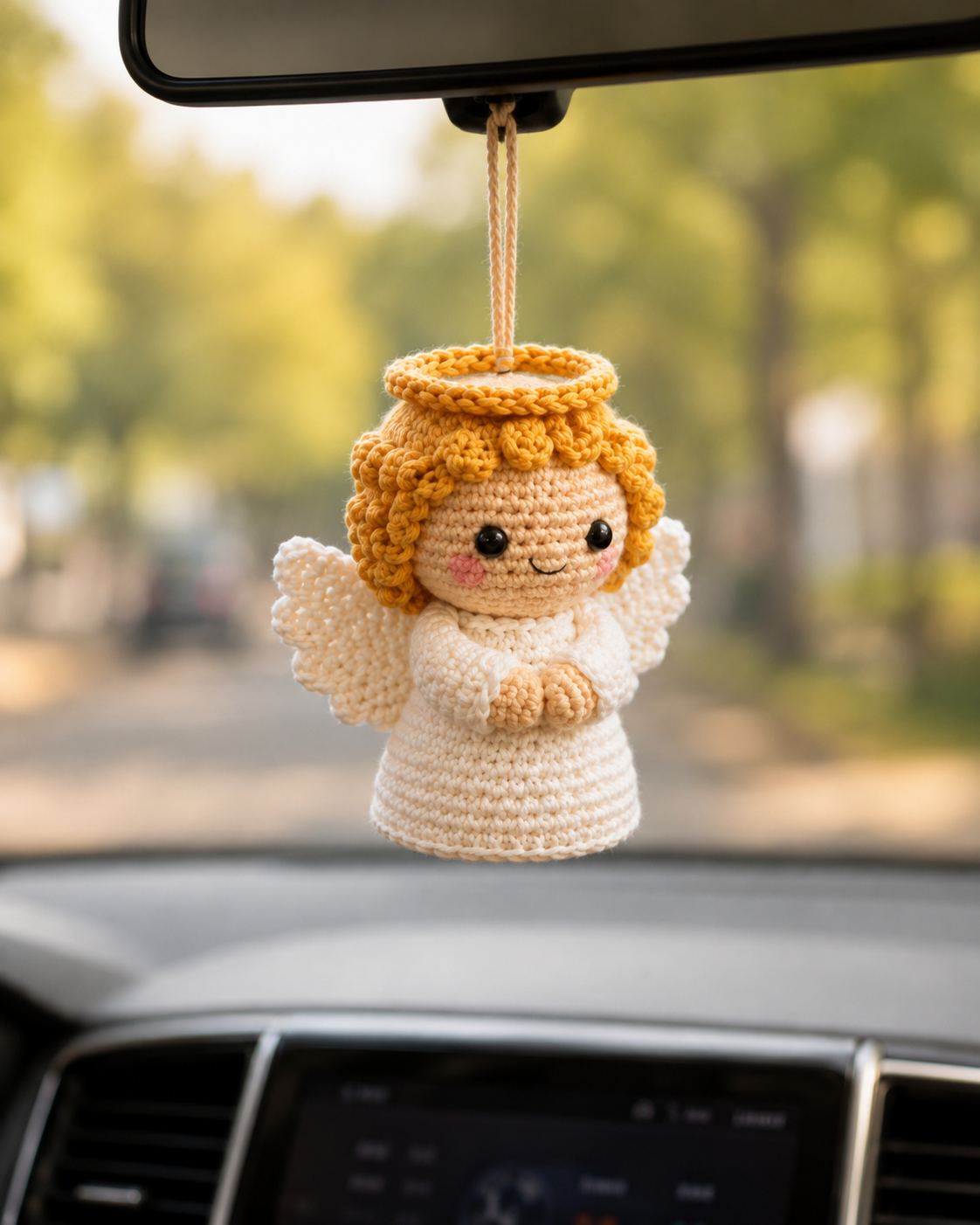 Handmade Crochet Christmas Guardian Angel Car Charm | Amigurumi Holiday Rearview Mirror Hanging Ornament