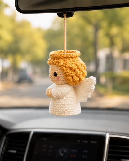 Handmade Crochet Christmas Guardian Angel Car Charm | Amigurumi Holiday Rearview Mirror Hanging Ornament