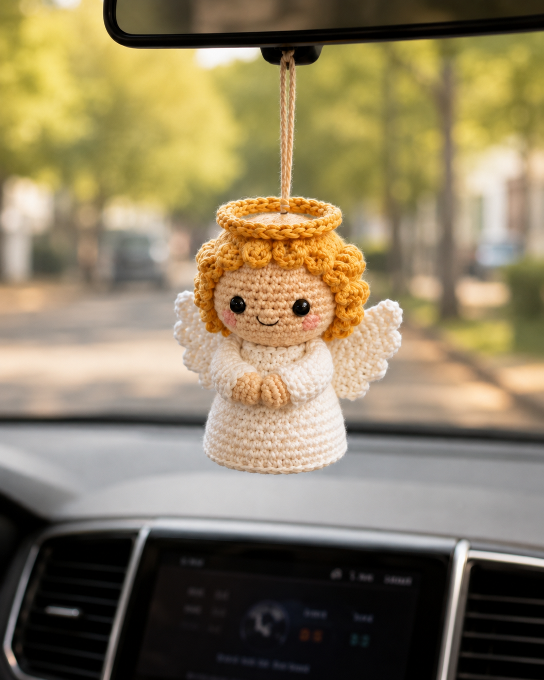 Handmade Crochet Christmas Guardian Angel Car Charm | Amigurumi Holiday Rearview Mirror Hanging Ornament