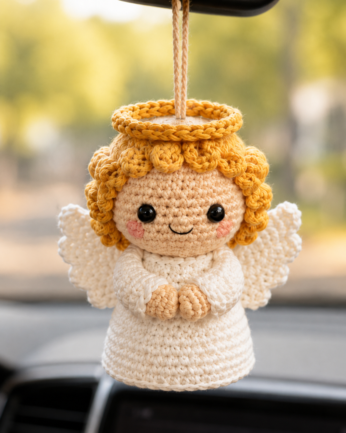 Handmade Crochet Christmas Guardian Angel Car Charm | Amigurumi Holiday Rearview Mirror Hanging Ornament