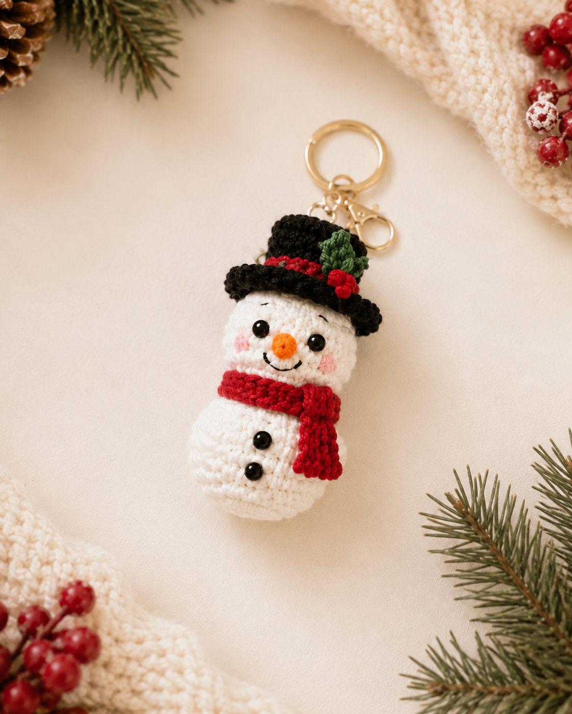 Festive Crochet Christmas Snowman Keychain | Handmade Amigurumi Holiday Bag Charm & Keyring