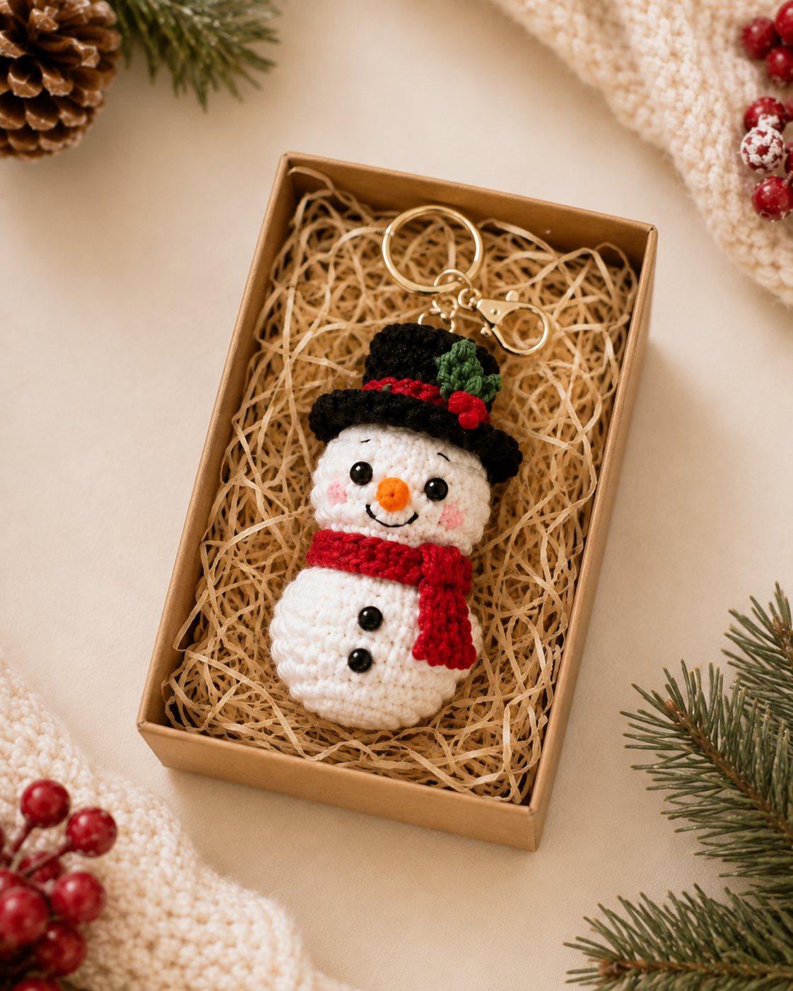 Festive Crochet Christmas Snowman Keychain | Handmade Amigurumi Holiday Bag Charm & Keyring