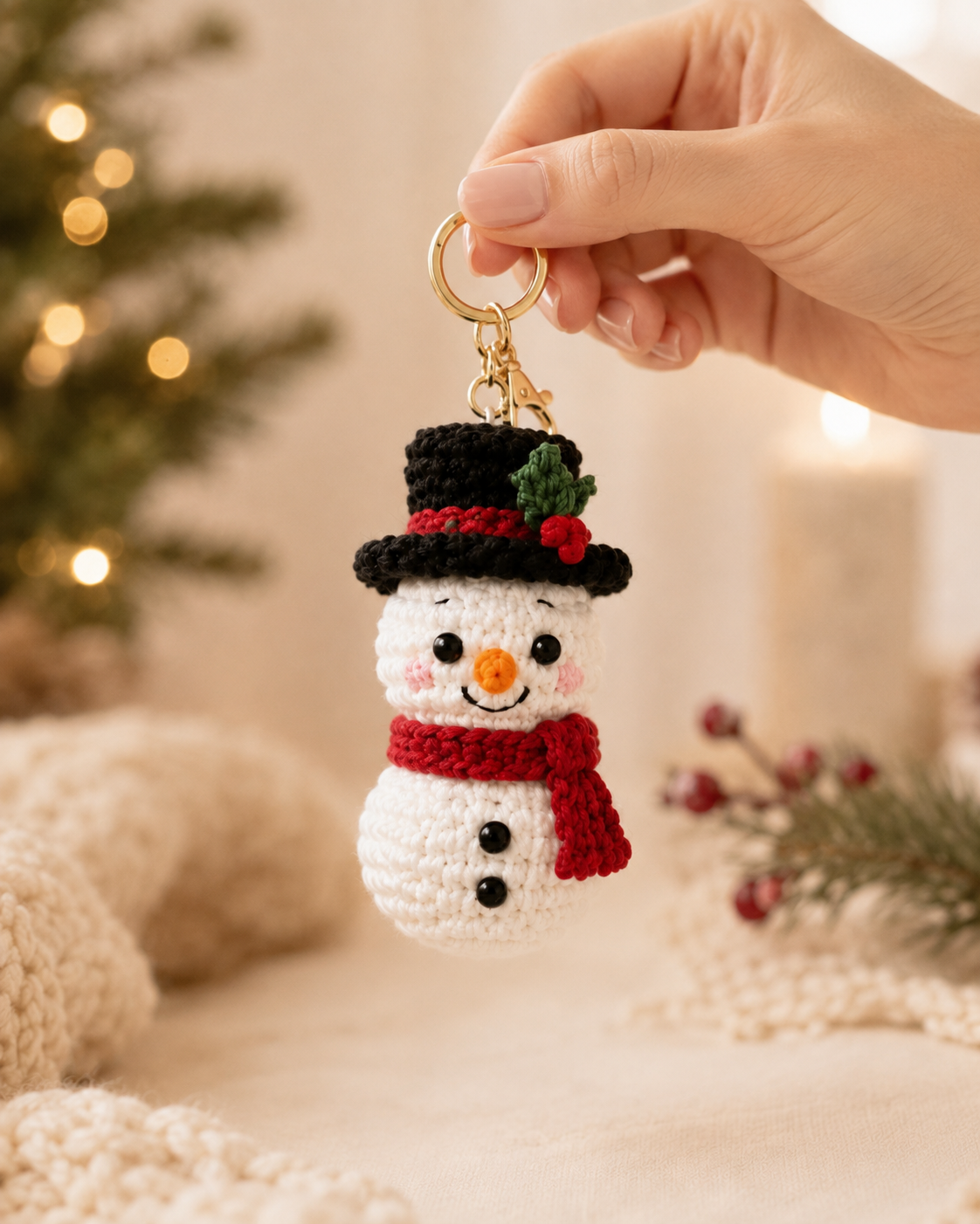 Festive Crochet Christmas Snowman Keychain | Handmade Amigurumi Holiday Bag Charm & Keyring
