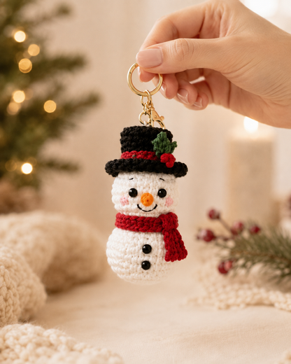 Festive Crochet Christmas Snowman Keychain | Handmade Amigurumi Holiday Bag Charm & Keyring