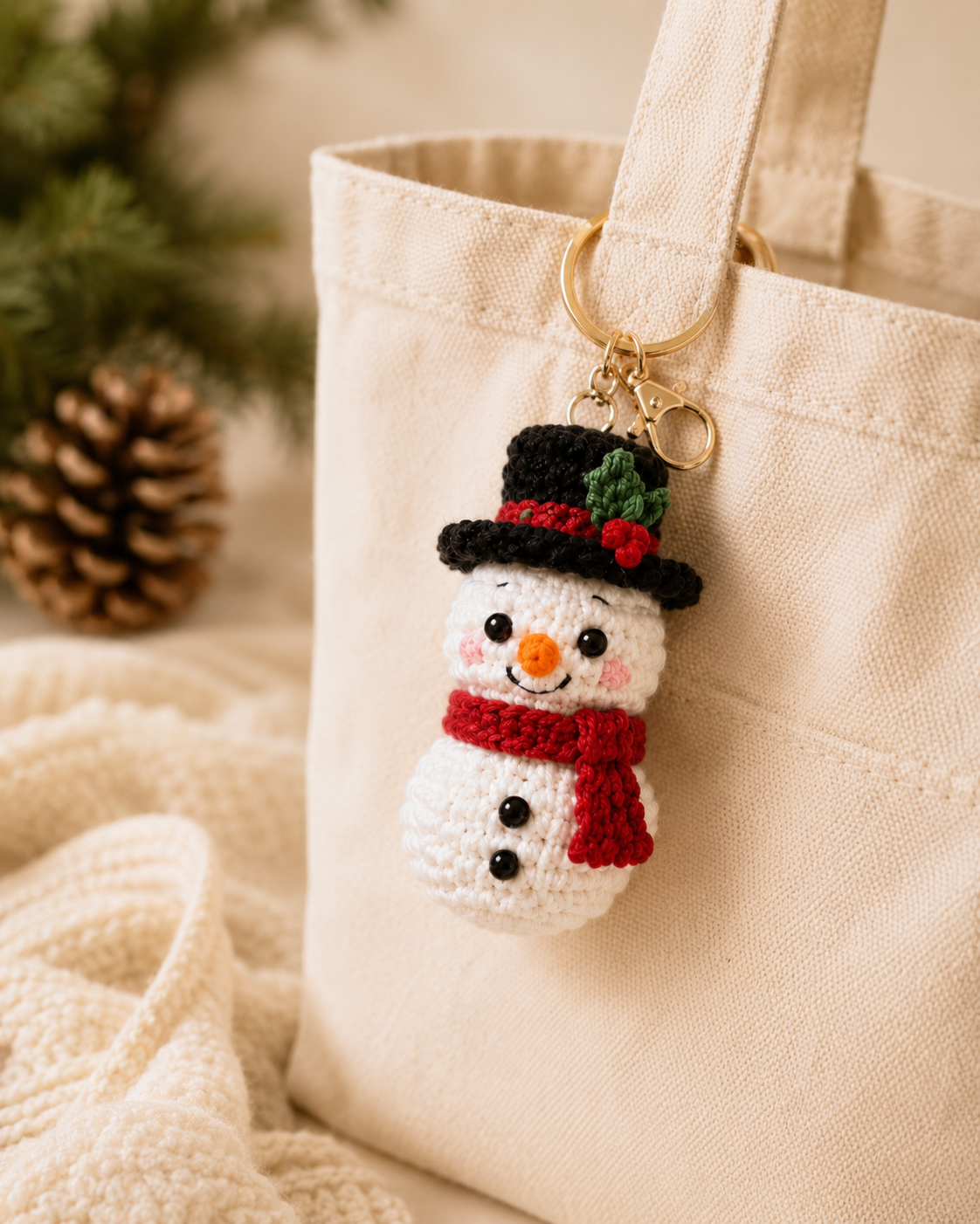 Festive Crochet Christmas Snowman Keychain | Handmade Amigurumi Holiday Bag Charm & Keyring