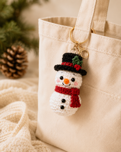 Festive Crochet Christmas Snowman Keychain | Handmade Amigurumi Holiday Bag Charm & Keyring