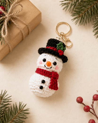 Festive Crochet Christmas Snowman Keychain | Handmade Amigurumi Holiday Bag Charm & Keyring