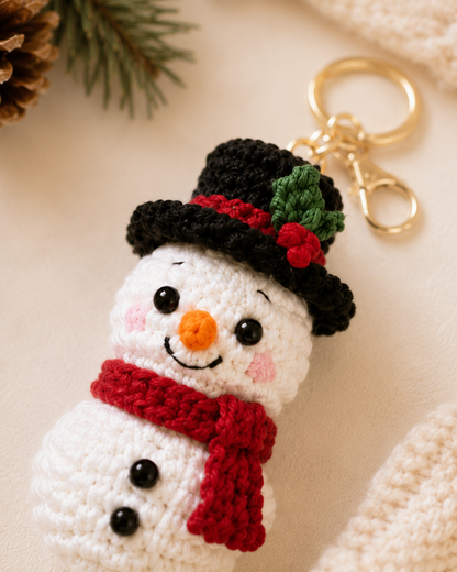 Festive Crochet Christmas Snowman Keychain | Handmade Amigurumi Holiday Bag Charm & Keyring