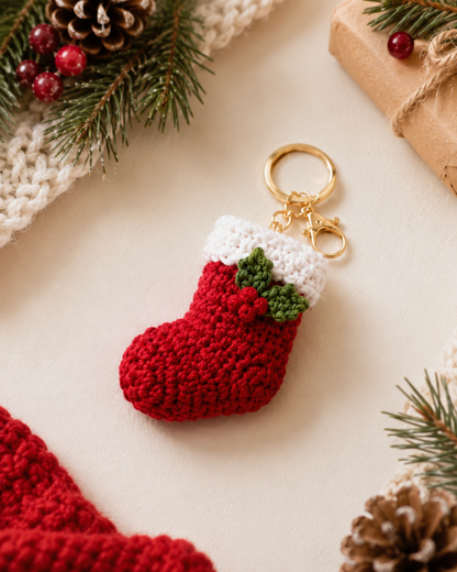 Festive Crochet Christmas Stocking Keychain | Handmade Amigurumi Holiday Bag Charm & Keyring