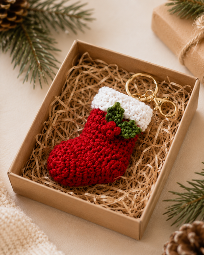 Festive Crochet Christmas Stocking Keychain | Handmade Amigurumi Holiday Bag Charm & Keyring