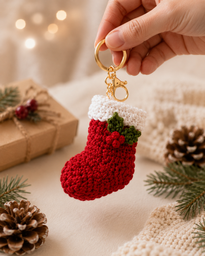 Festive Crochet Christmas Stocking Keychain | Handmade Amigurumi Holiday Bag Charm & Keyring