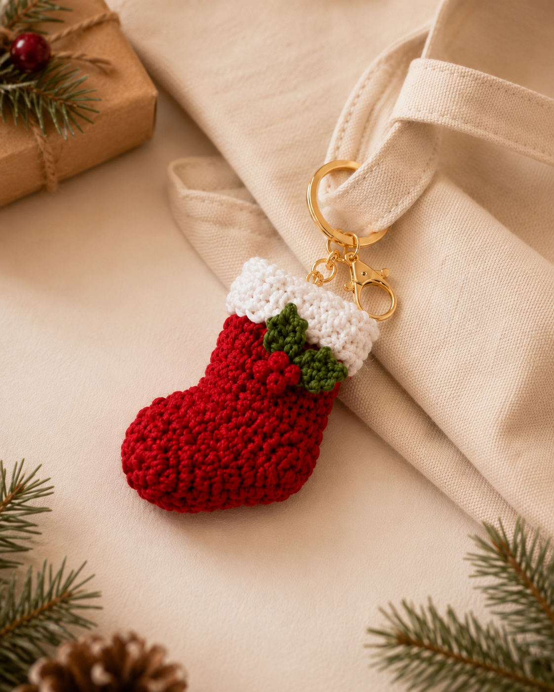 Festive Crochet Christmas Stocking Keychain | Handmade Amigurumi Holiday Bag Charm & Keyring