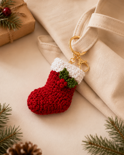 Festive Crochet Christmas Stocking Keychain | Handmade Amigurumi Holiday Bag Charm & Keyring