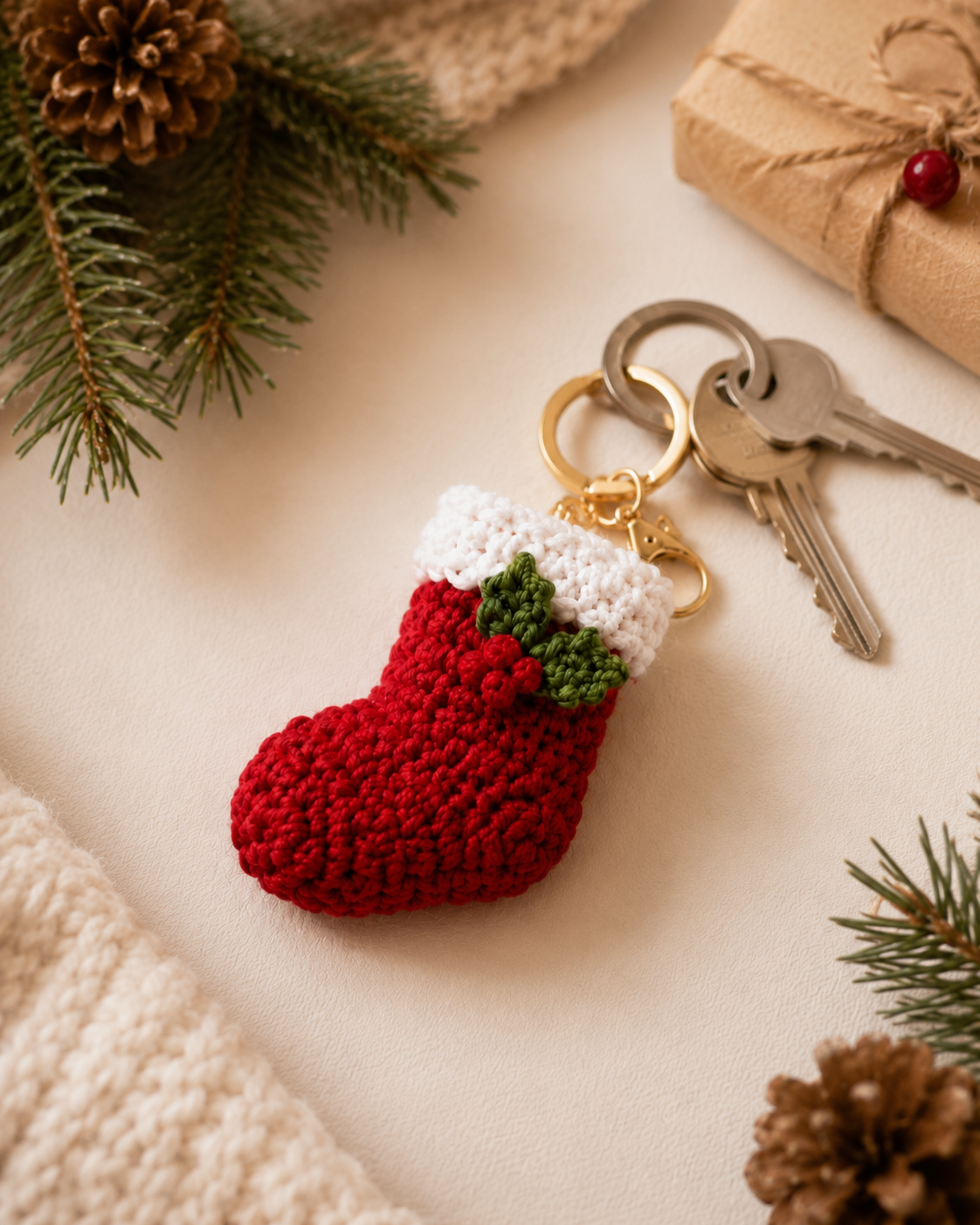 Festive Crochet Christmas Stocking Keychain | Handmade Amigurumi Holiday Bag Charm & Keyring
