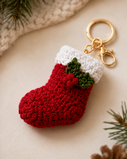 Festive Crochet Christmas Stocking Keychain | Handmade Amigurumi Holiday Bag Charm & Keyring