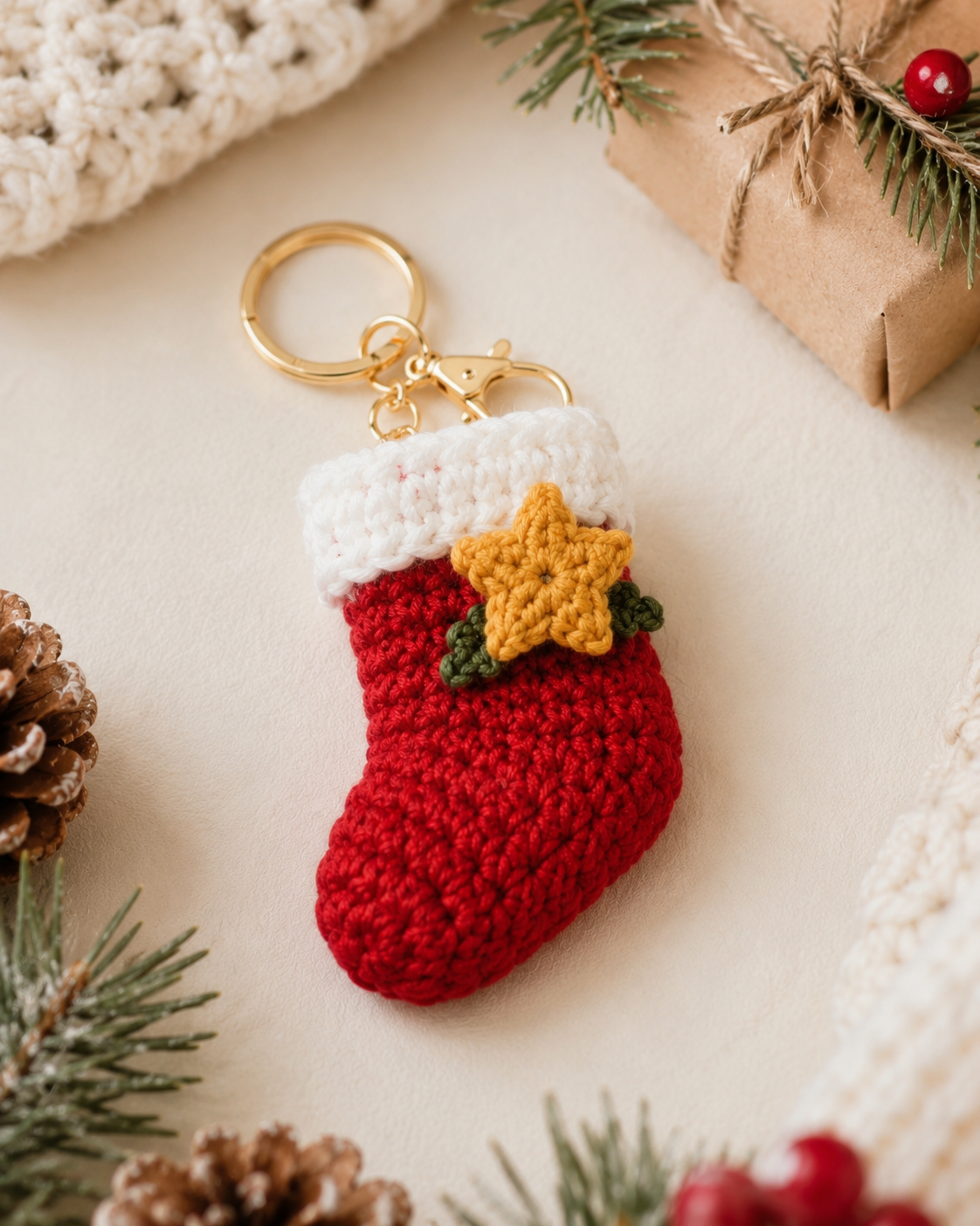 Festive Crochet Christmas Stocking Keychain | Handmade Amigurumi Holiday Bag Charm & Keyring