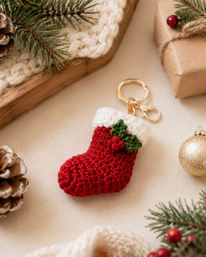 Festive Crochet Christmas Stocking Keychain | Handmade Amigurumi Holiday Bag Charm & Keyring