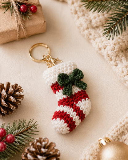 Festive Crochet Christmas Stocking Keychain | Handmade Amigurumi Holiday Bag Charm & Keyring