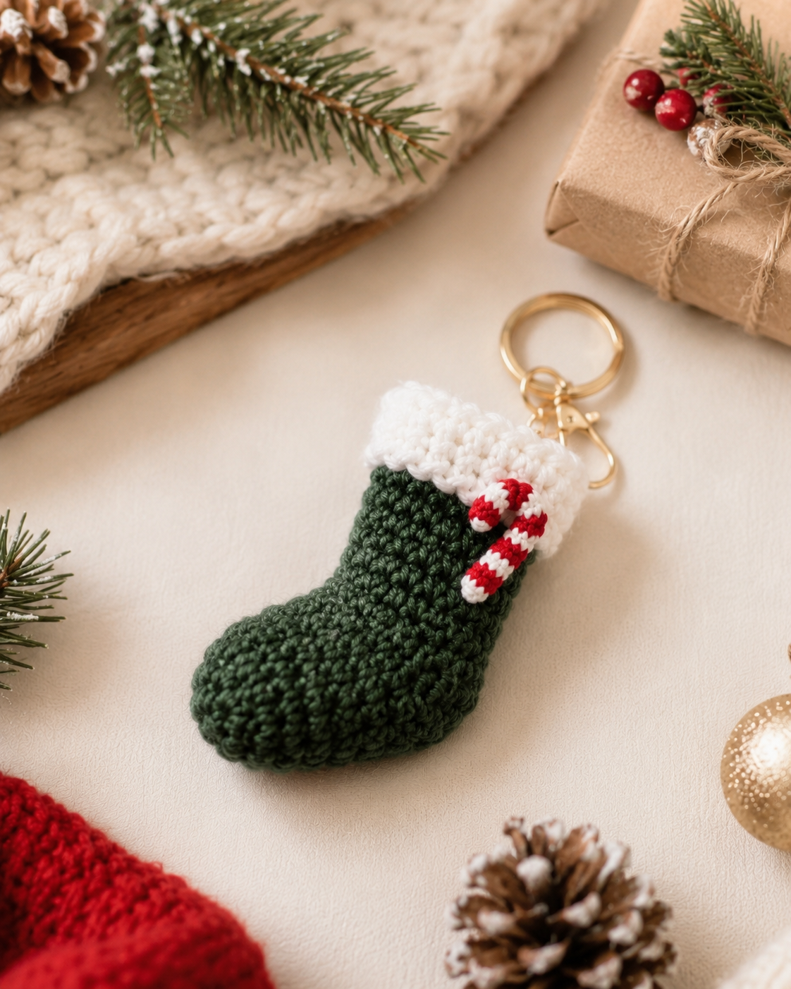 Festive Crochet Christmas Stocking Keychain | Handmade Amigurumi Holiday Bag Charm & Keyring