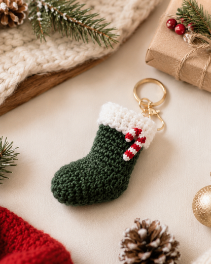 Festive Crochet Christmas Stocking Keychain | Handmade Amigurumi Holiday Bag Charm & Keyring