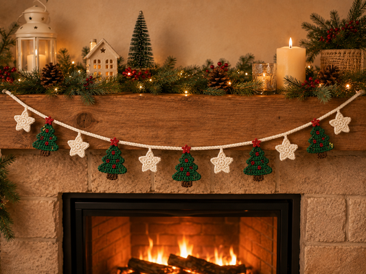Festive Crochet Christmas Tree & Star Garland | Handmade Amigurumi Holiday Mantle Decor Bunting