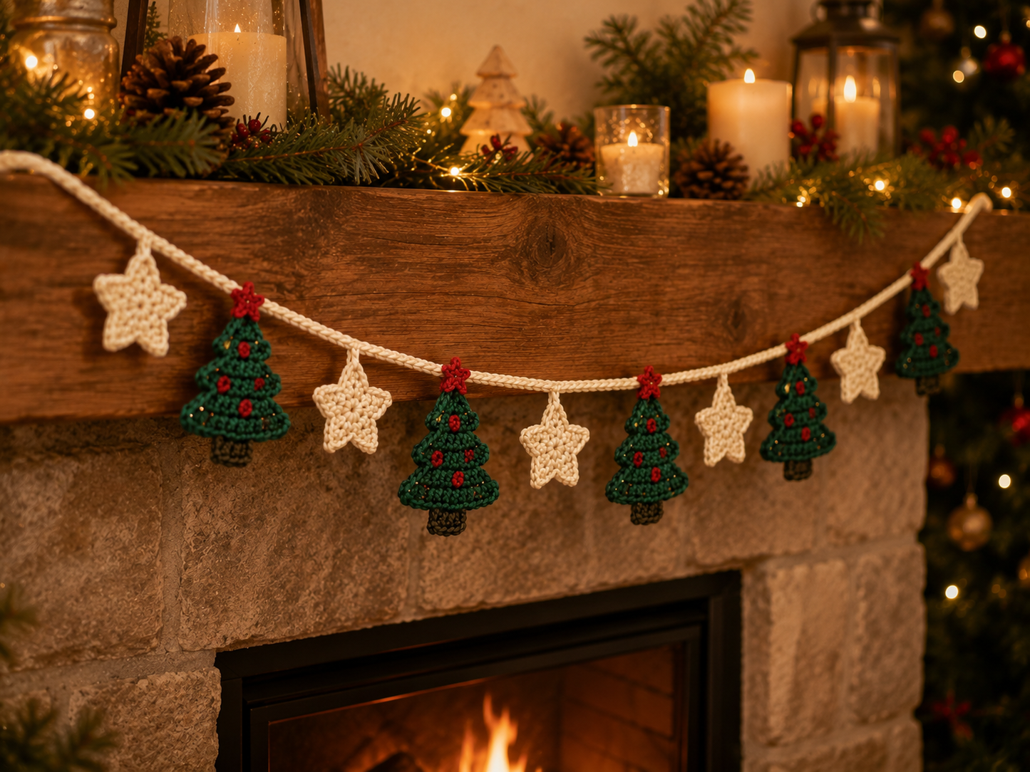 Festive Crochet Christmas Tree & Star Garland | Handmade Amigurumi Holiday Mantle Decor Bunting