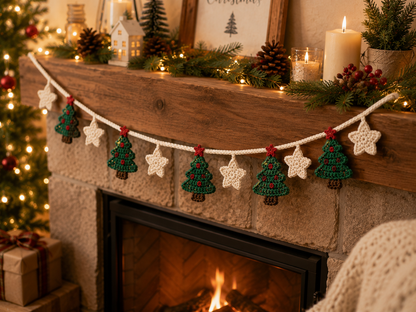 Festive Crochet Christmas Tree & Star Garland | Handmade Amigurumi Holiday Mantle Decor Bunting