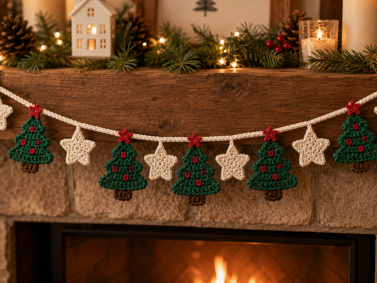 Festive Crochet Christmas Tree & Star Garland | Handmade Amigurumi Holiday Mantle Decor Bunting