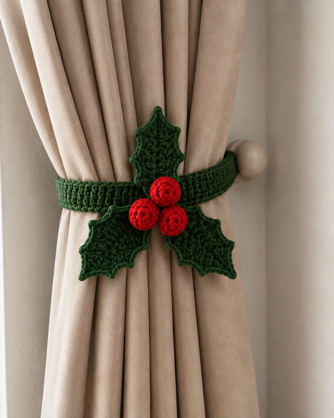 Festive Crochet Christmas Holly Curtain Tieback | Handmade Holiday Drapery Holdback Decor