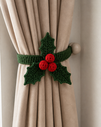 Festive Crochet Christmas Holly Curtain Tieback | Handmade Holiday Drapery Holdback Decor