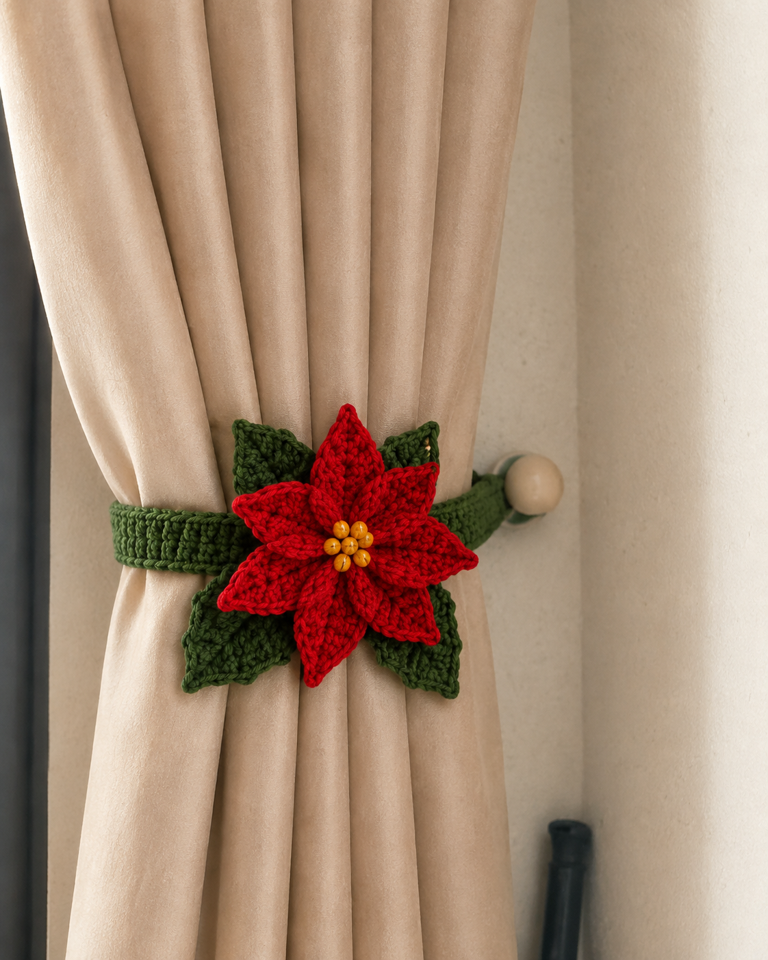 Festive Crochet Christmas Holly Curtain Tieback | Handmade Holiday Drapery Holdback Decor