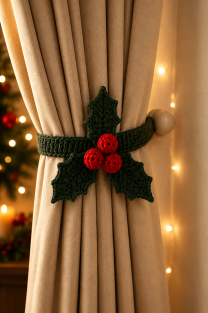Festive Crochet Christmas Holly Curtain Tieback | Handmade Holiday Drapery Holdback Decor