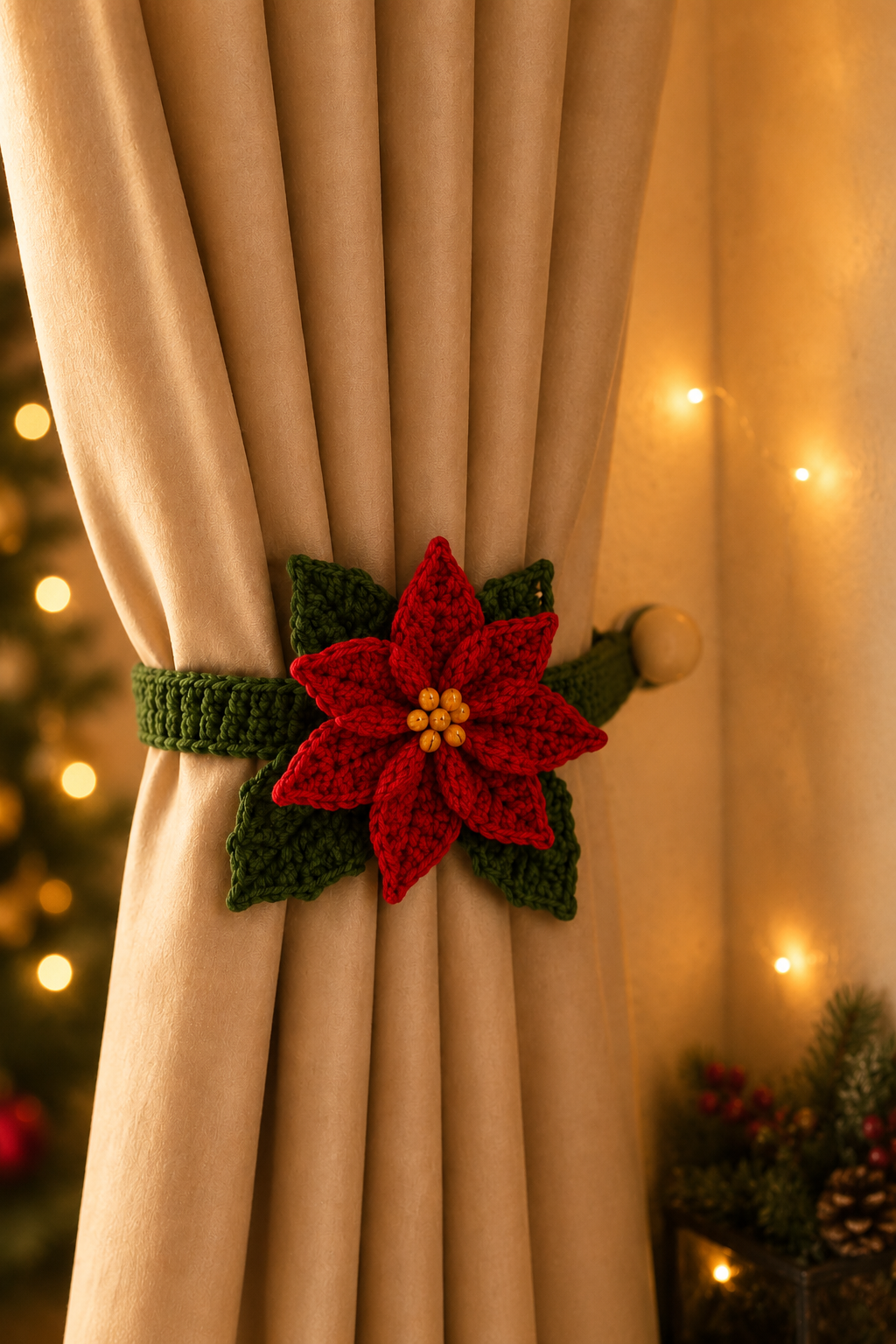Festive Crochet Christmas Holly Curtain Tieback | Handmade Holiday Drapery Holdback Decor