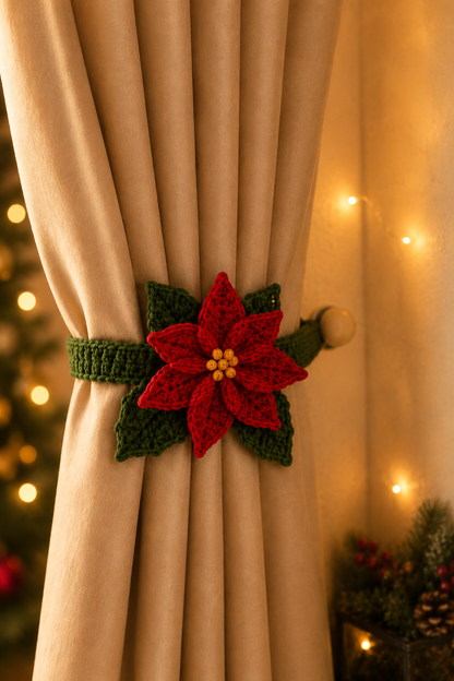 Festive Crochet Christmas Holly Curtain Tieback | Handmade Holiday Drapery Holdback Decor
