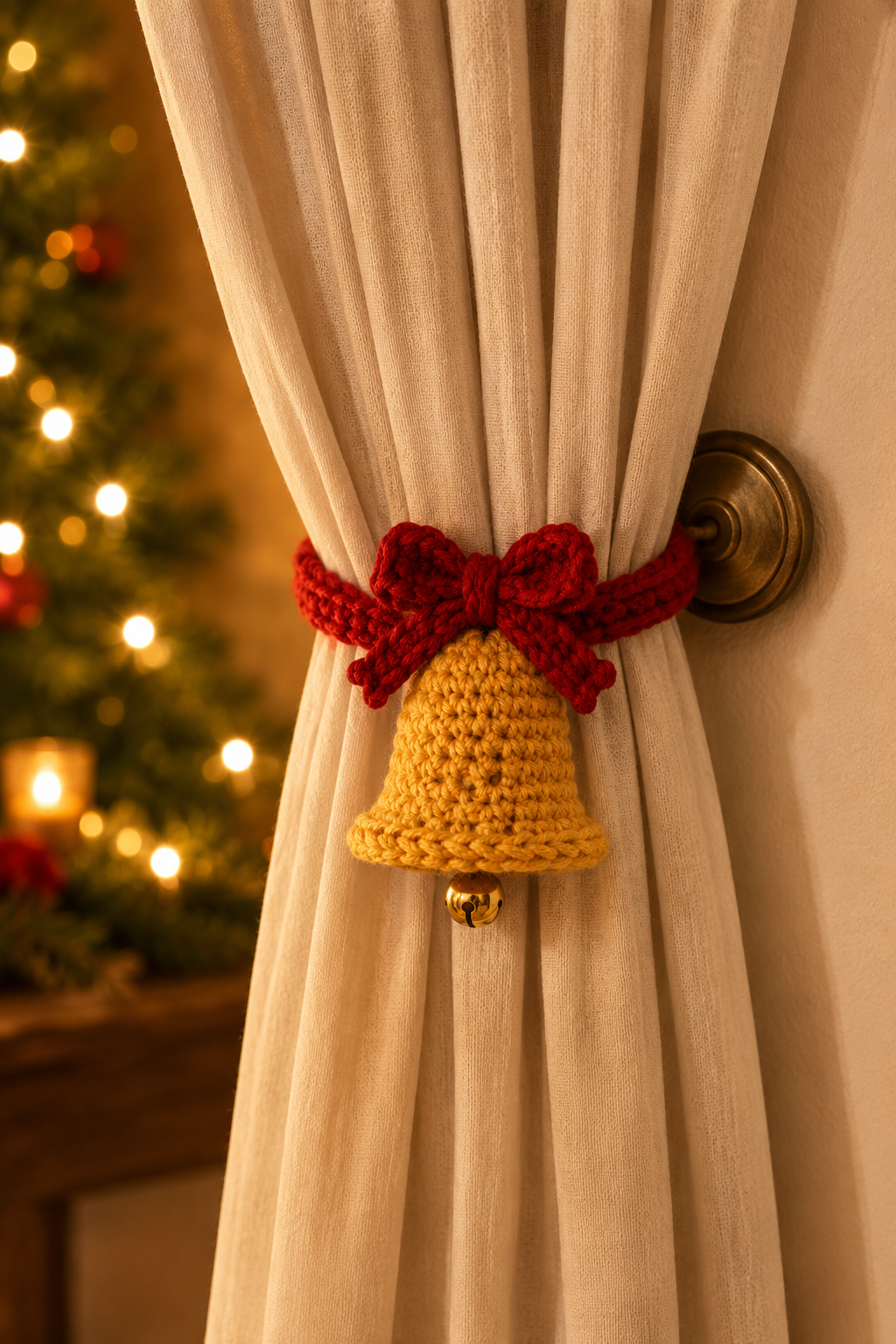 Festive Crochet Christmas Holly Curtain Tieback | Handmade Holiday Drapery Holdback Decor