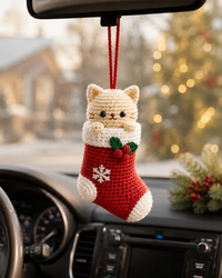 Festive Crochet Christmas Cat in Stocking Car Charm | Handmade Amigurumi Rearview Mirror Hanging Ornament