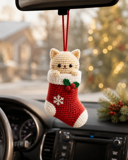 Festive Crochet Christmas Cat in Stocking Car Charm | Handmade Amigurumi Rearview Mirror Hanging Ornament