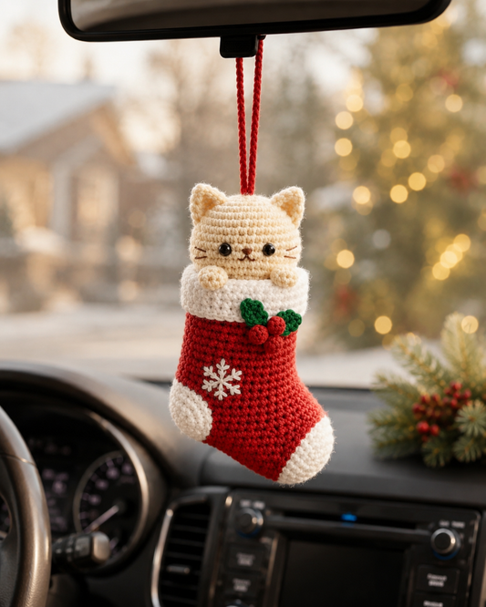 Festive Crochet Christmas Cat in Stocking Car Charm | Handmade Amigurumi Rearview Mirror Hanging Ornament
