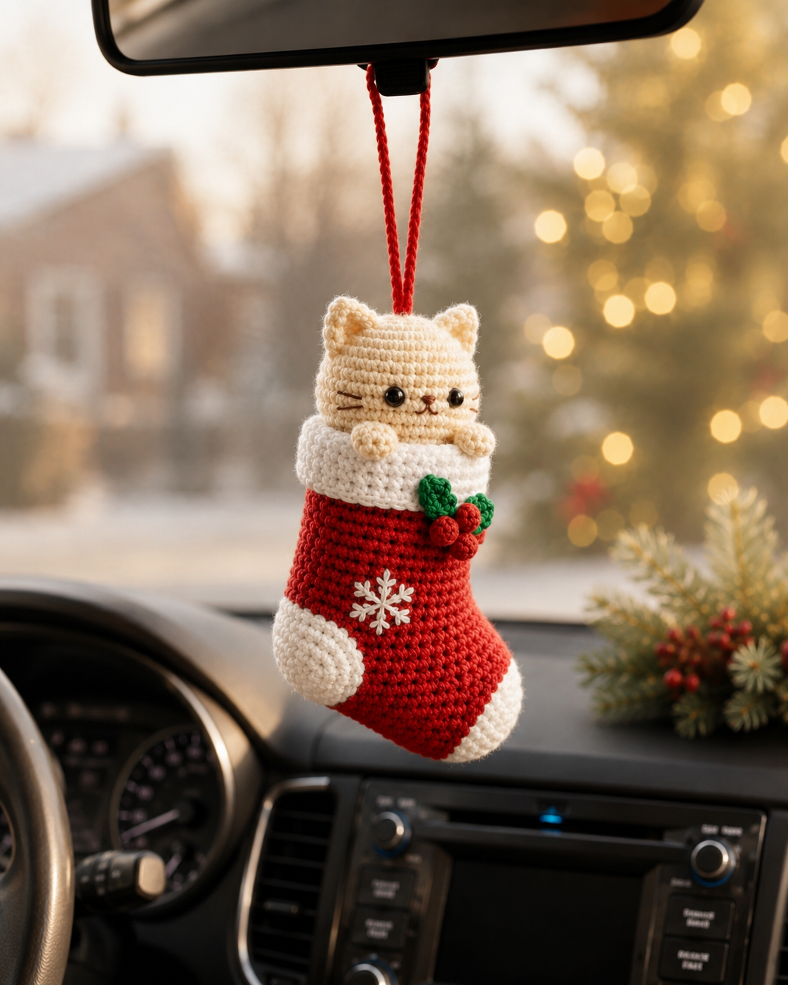 Festive Crochet Christmas Cat in Stocking Car Charm | Handmade Amigurumi Rearview Mirror Hanging Ornament