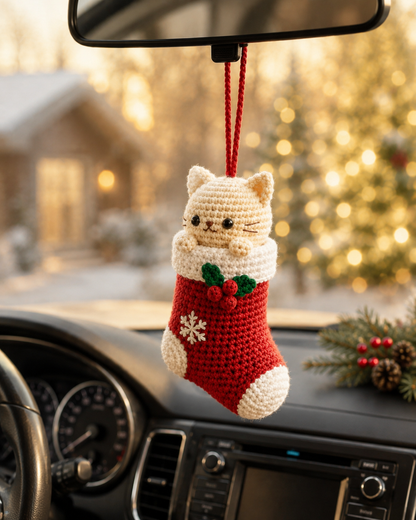 Festive Crochet Christmas Cat in Stocking Car Charm | Handmade Amigurumi Rearview Mirror Hanging Ornament