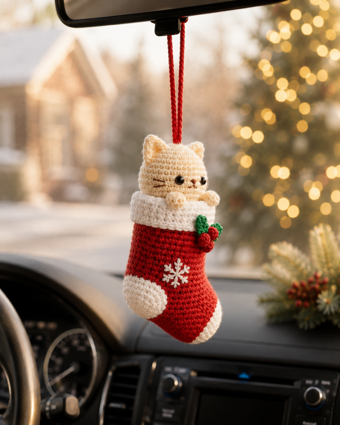 Festive Crochet Christmas Cat in Stocking Car Charm | Handmade Amigurumi Rearview Mirror Hanging Ornament