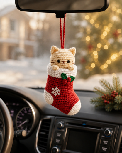 Festive Crochet Christmas Cat in Stocking Car Charm | Handmade Amigurumi Rearview Mirror Hanging Ornament