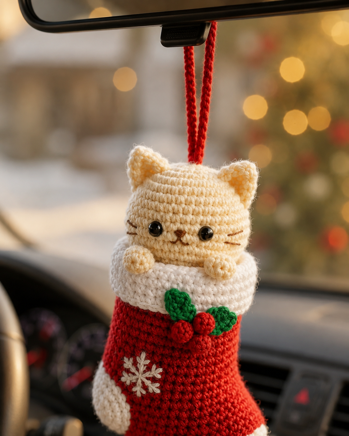 Festive Crochet Christmas Cat in Stocking Car Charm | Handmade Amigurumi Rearview Mirror Hanging Ornament